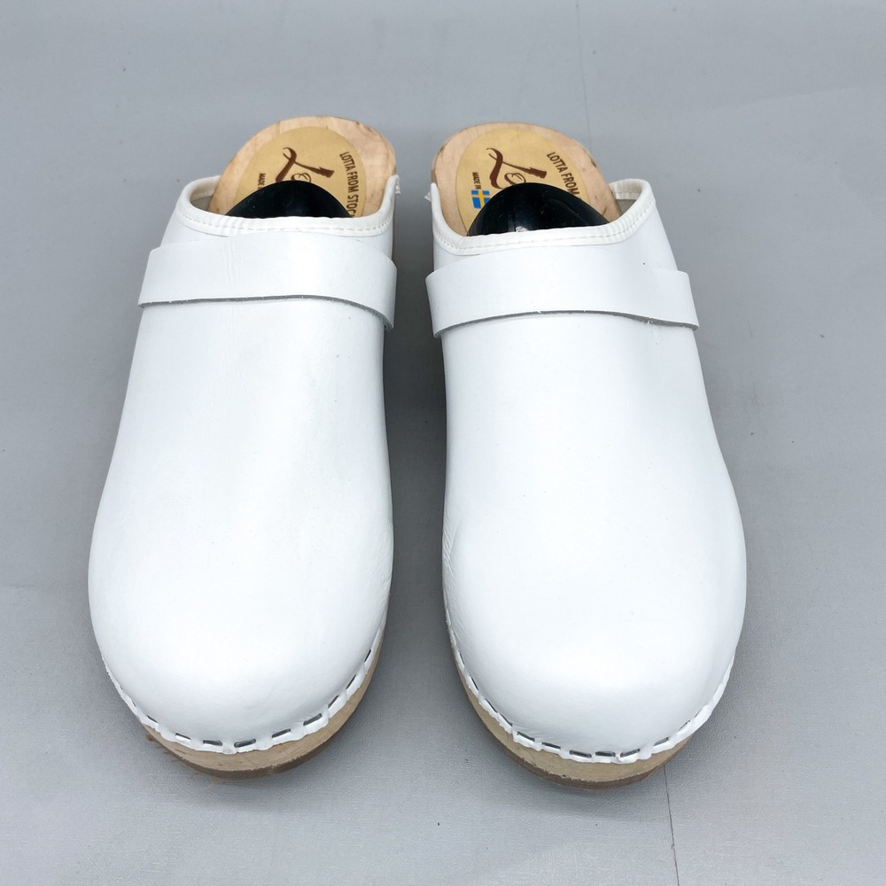 Lotta From Stockholm Womens 38 7.5 White Leather Classic Swedish Clogs Wood Heel - Picture 3 of 12